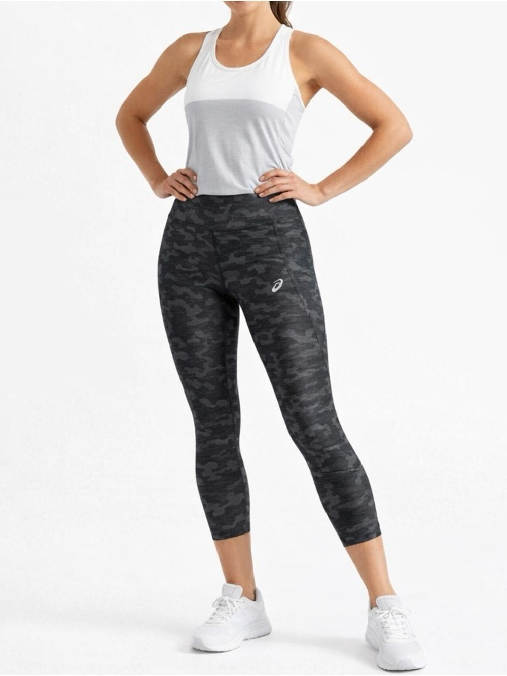Asics Camouflage Leggings Yoga Pants Gym Wear Active Wear 7/8 Ankle Grey Black L